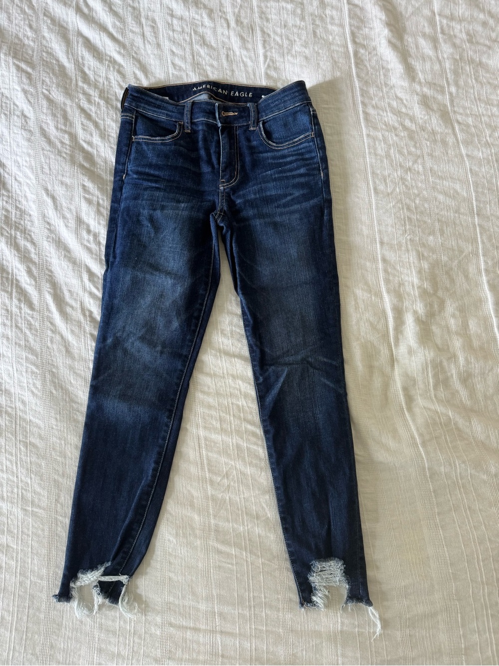 American Eagle Outfitters Dark Indigo Skinny Jeans with Frayed Hem